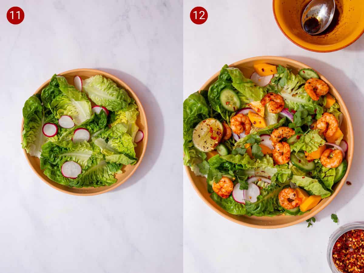 2 step by step photos, the first with a bowl of salad and the second with cooked king prawns and dressing added.
