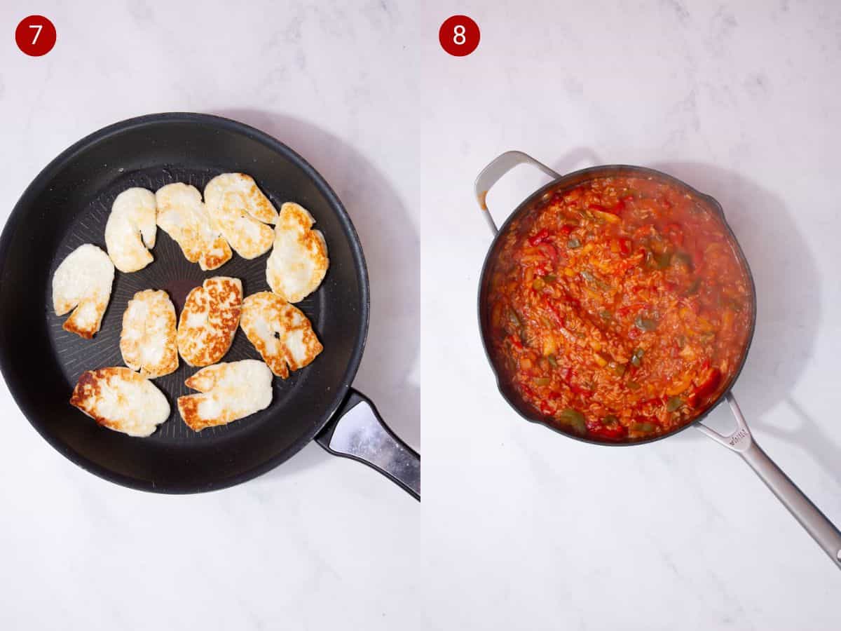 2 step by step photos, the first with slices of halloumi frying in a pan and the second with a tomato rice mix cooking a pan.