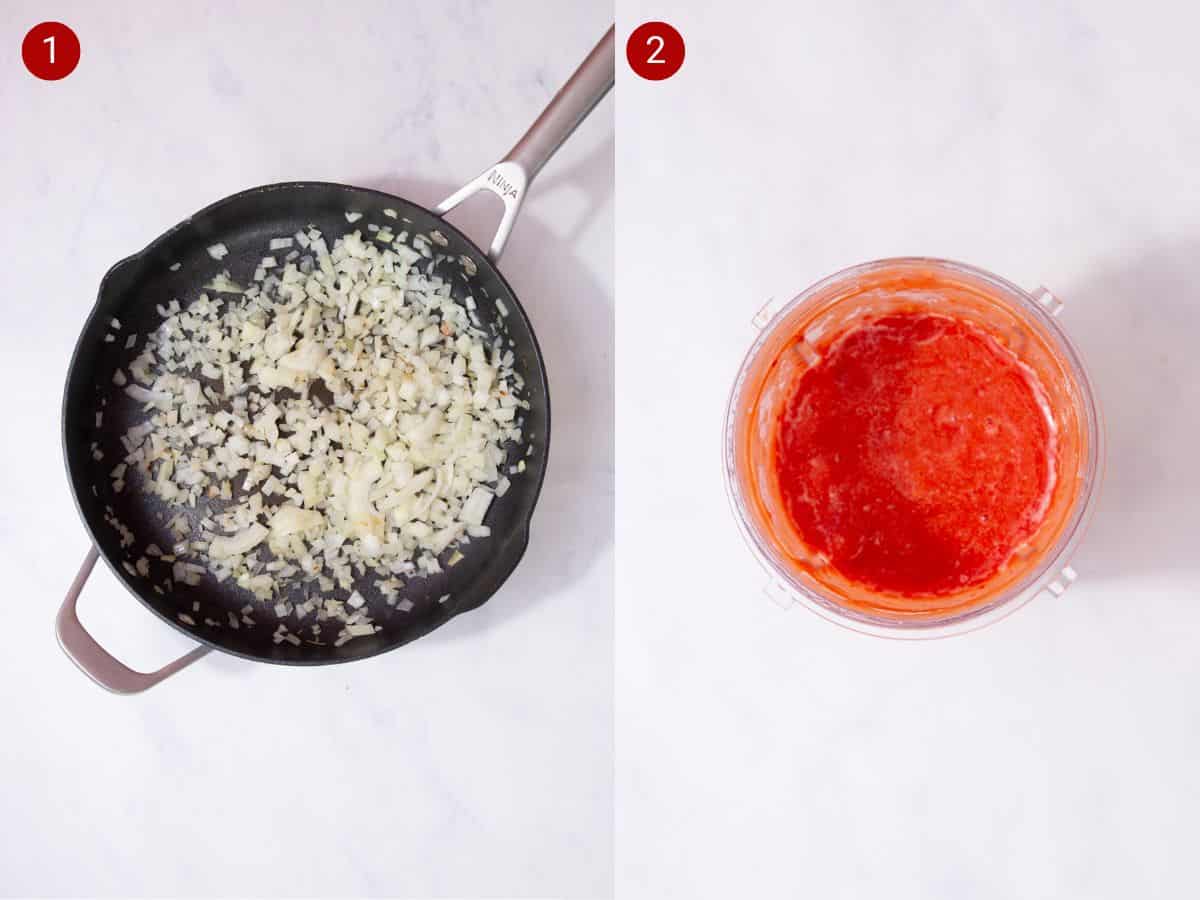 2 step by step photos, the first with finely sliced onions frying in a pan and the second with a tomato mixture in a blender cup.