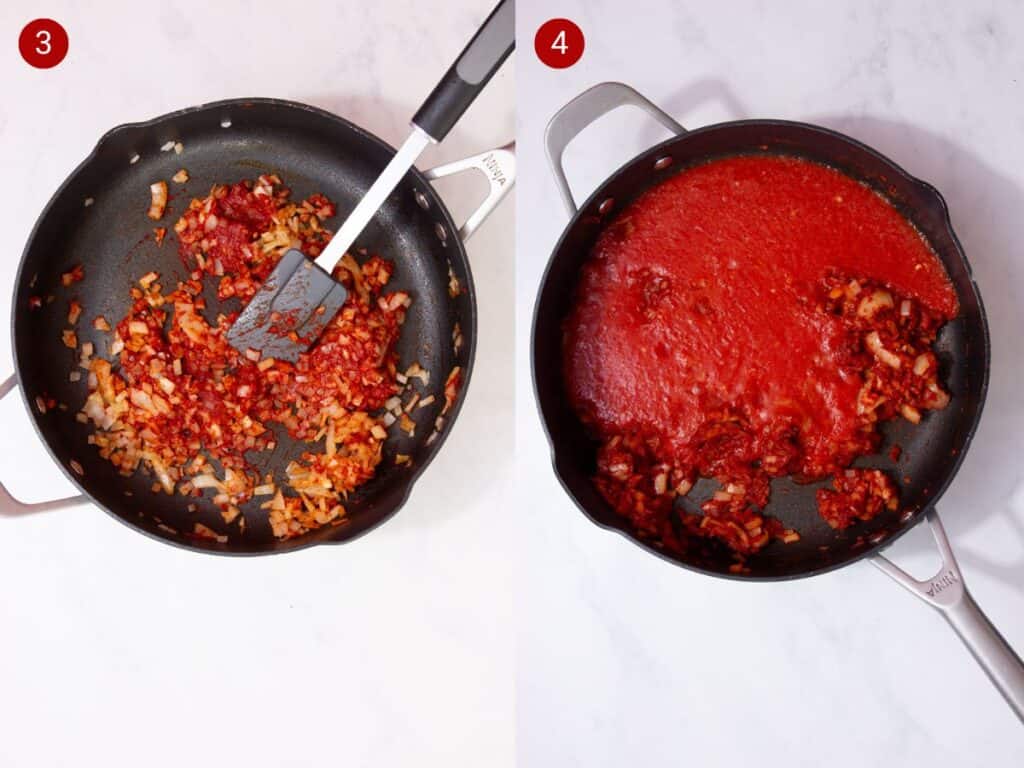 2 step by step photos, the first with finely sliced onions  and tomato paste frying in a pan and the second with a tomato mixture added to the pan.