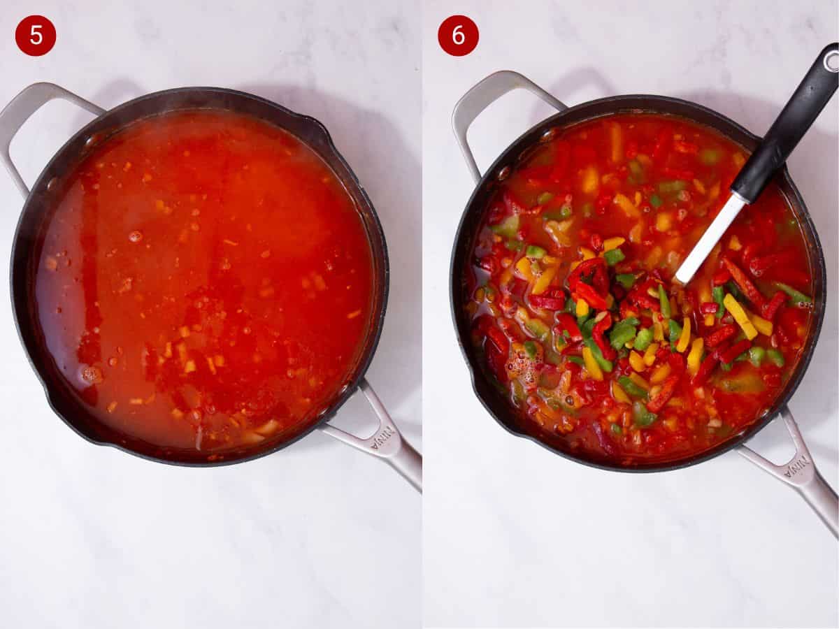 2 step by step photos, the first with tomatoes and stock in a pan and the second with mixed peppers added to pan.