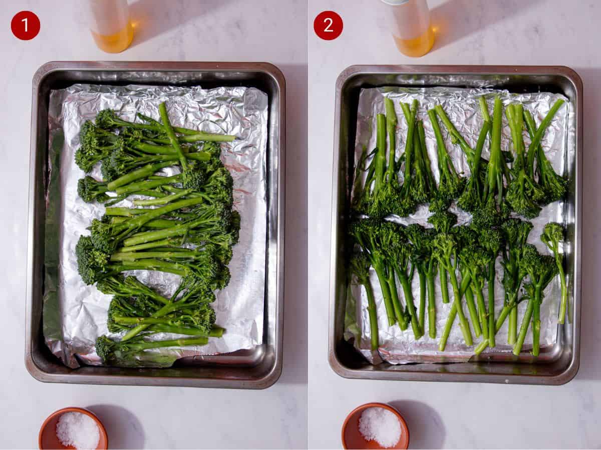 2 step by step photos, the first with tenderstem broccoli on a foil lined baking tray and the second with the broccoli lined up in 2 rows.