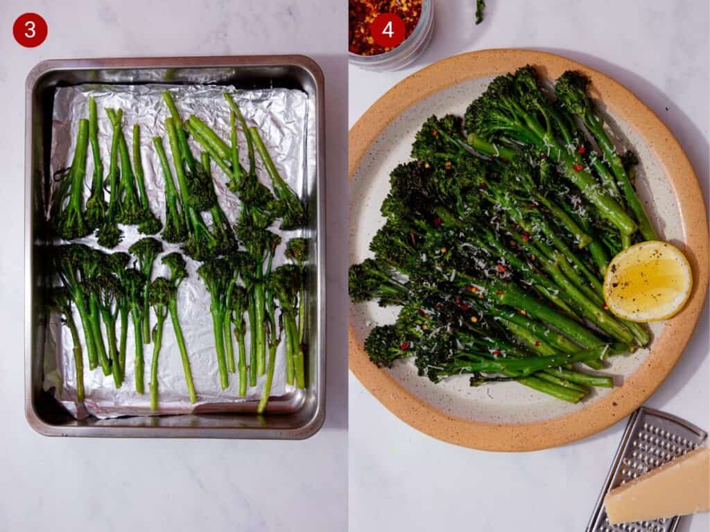 2 step by step photos, the first with baked tenderstem broccoli on a foil lined baking tray and the second with the tenderstem broccoli served on a plate with a lemon wedge.