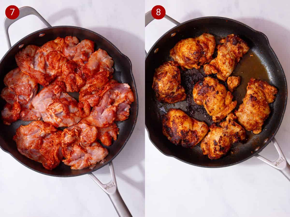 2 step by step photos, the first with seasoned chicken thighs in a large frying pan and the second withthe chicken browned in the pan.