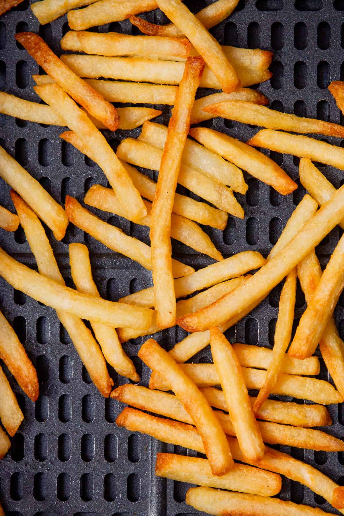 Golden browned french fries in a Airfryer tray.