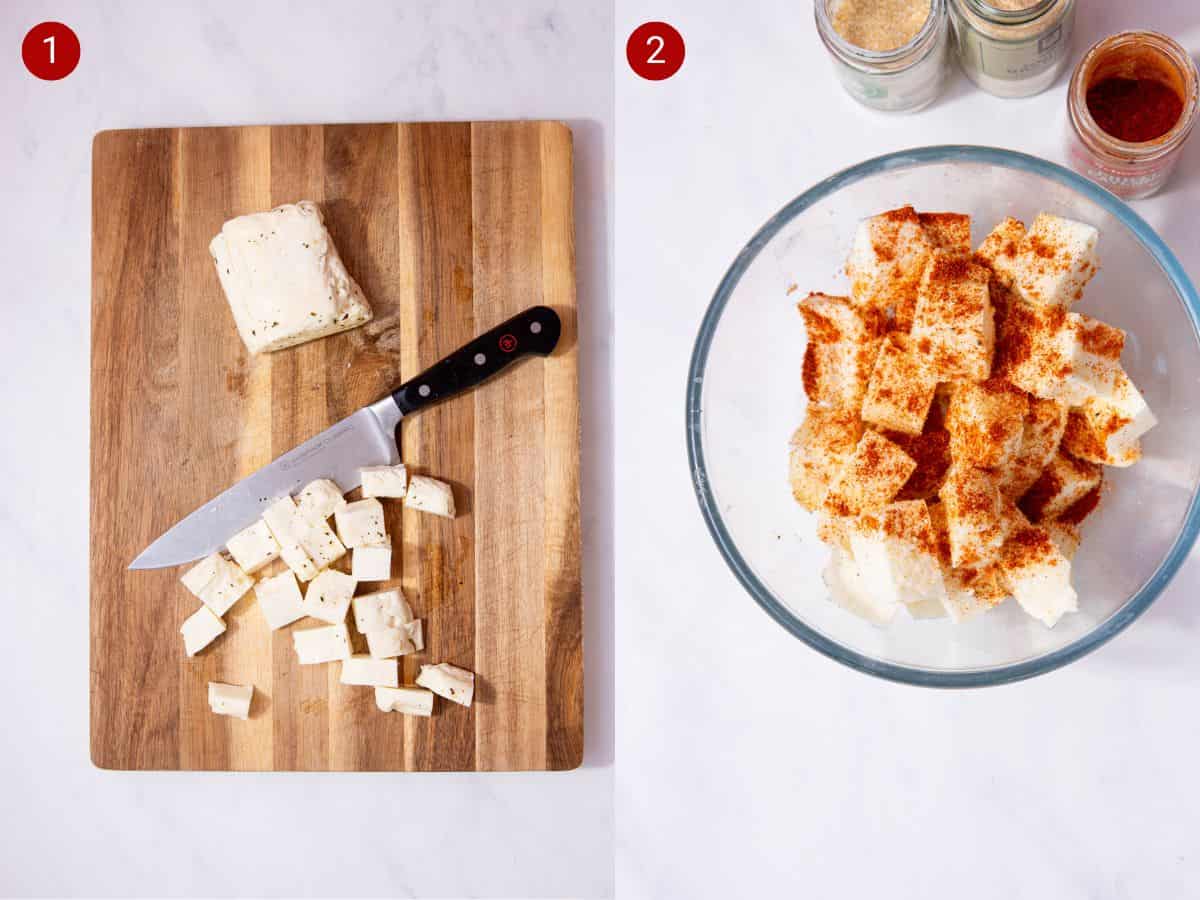 2 step by step photos, the first with sliced halloumi on a chopping a board and the second with the halloumi in a bowl with seasoning.