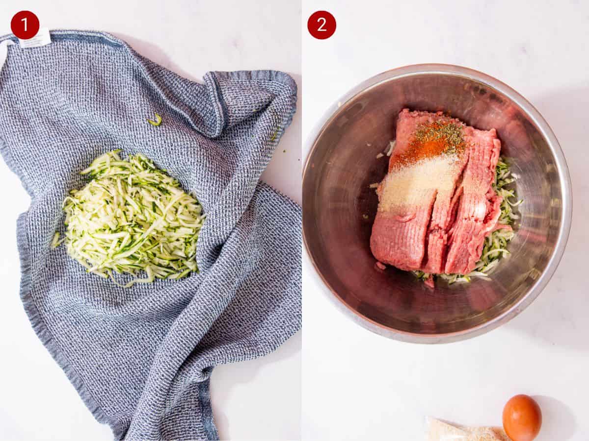 2 step by step photos, the first with grated courgette in a cloth and the second with mince, spices and the grated courgette in a large metal bowl.