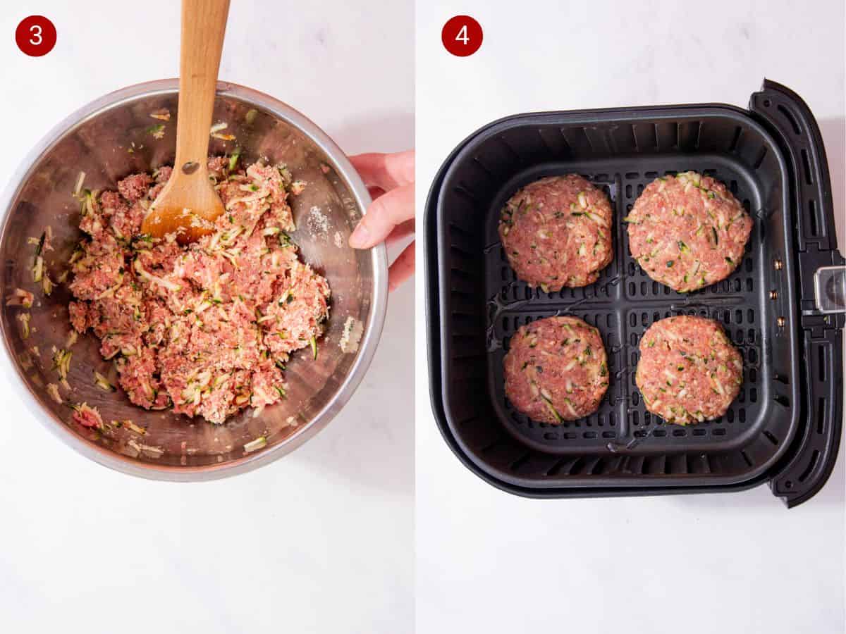 2 step by step photos, the first with grated courgette and mince mixed together with a wooden spoon and the second with 4 mince patties in an air fryer container.