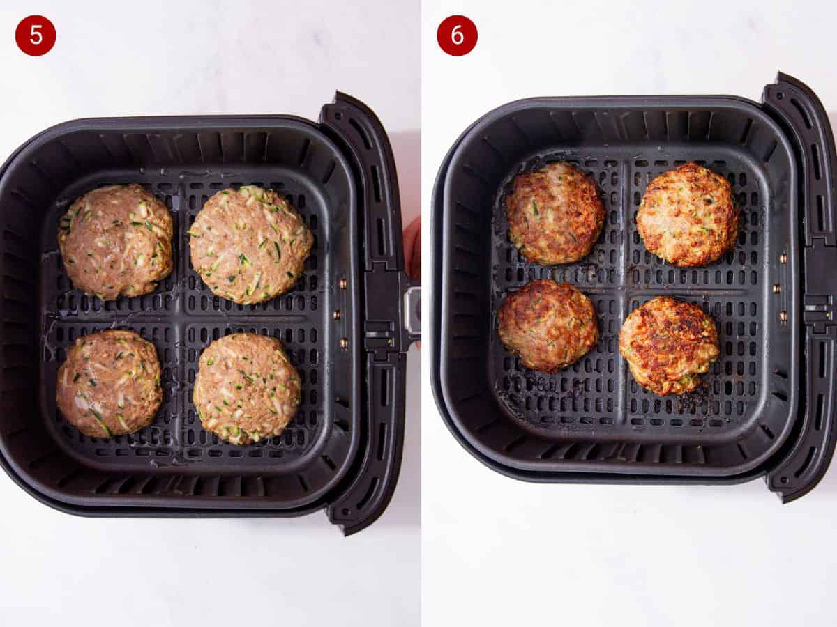 2 step by step photos, the first with raw mince patties in an air fryer basket and the second with 4 browned and cooked mince patties in the air fryer container.