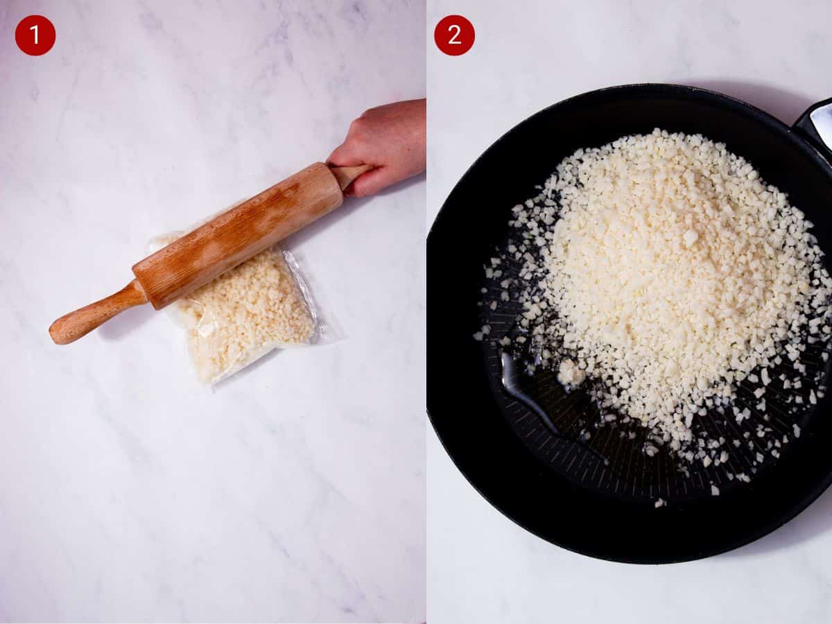 2 step by step photos, the first with finely a packet of cauliflower rice with a rolling pin over the top and the second with cauliflower rice in the pan.