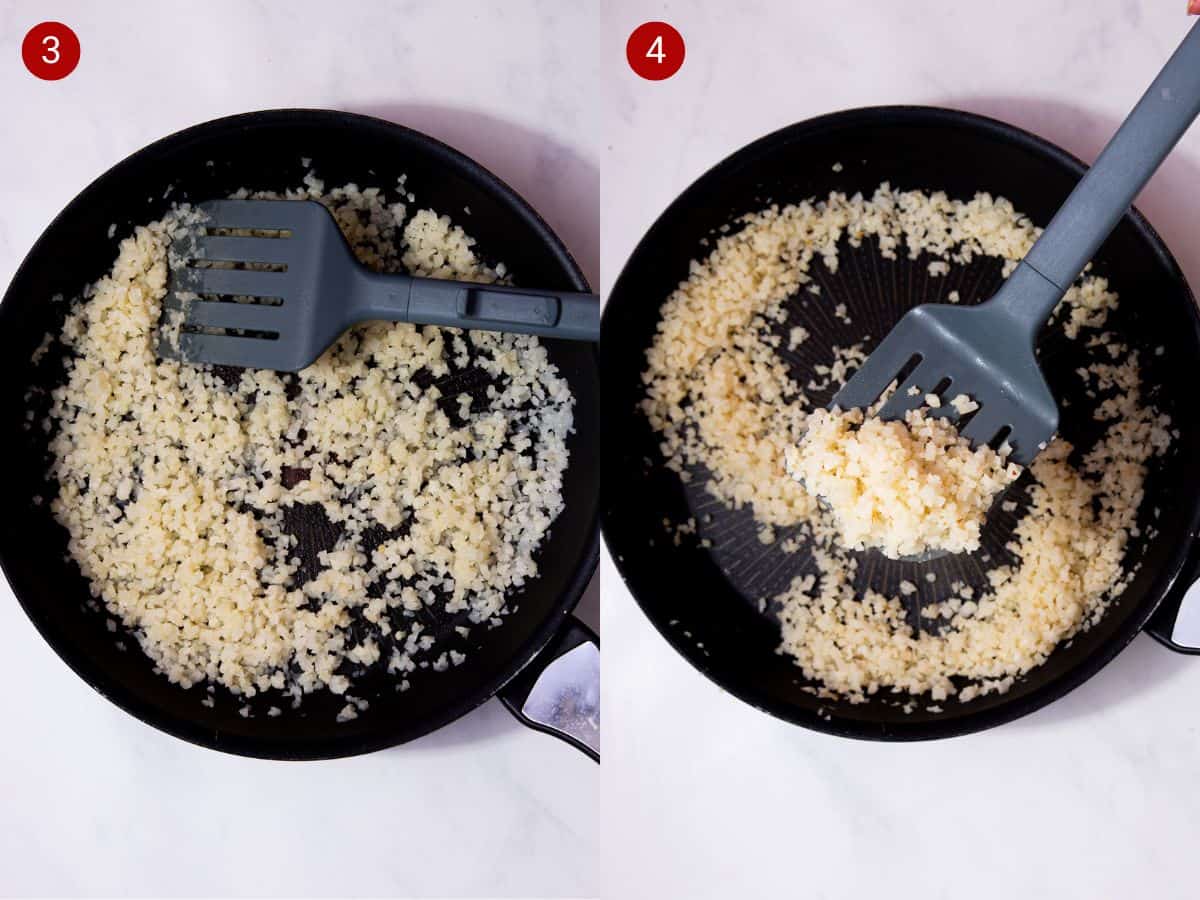 2 step by step photos, the first with caulflower rice in a frying pan stirred with a utensil and the second with cauliflower rice ifried in the pan with a utensil holding up some rice.