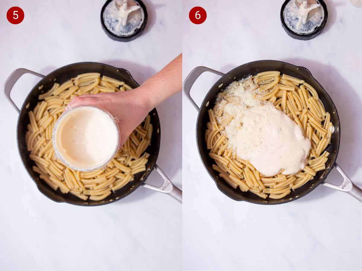 2 step by step photos, the first with blebded cream in a blender cup over drained pasta in a pan and the second with the cream and parmesan added to the pasta.