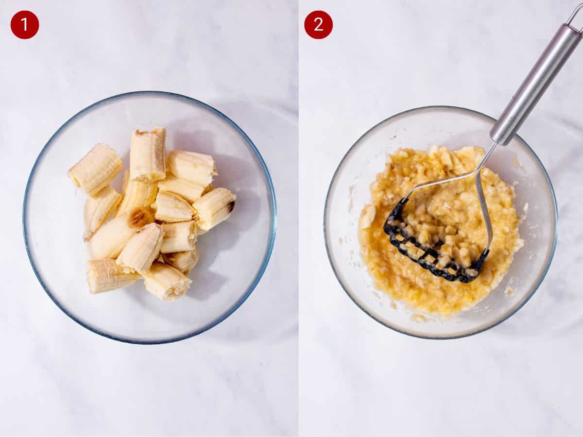 2 step by step photos, the first with pieces of banana in a glass bowl and the second with the bananas mashed with potato masher.
