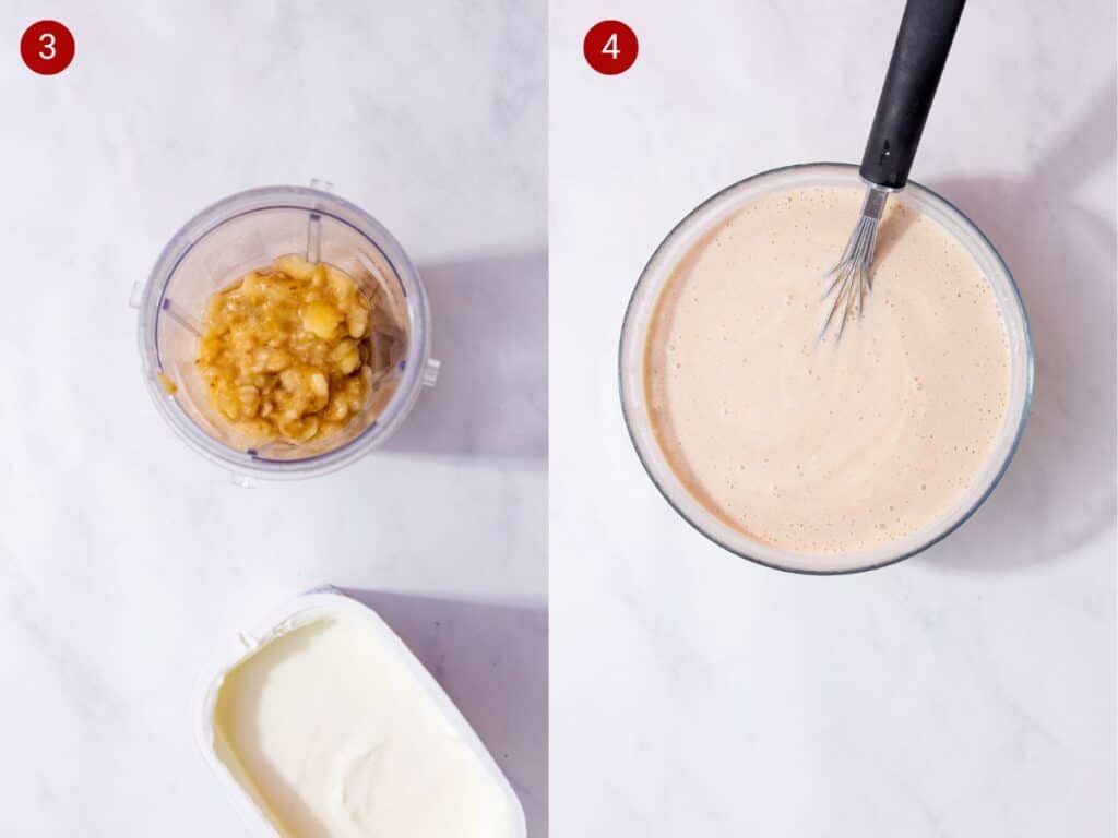 2 step by step photos, the first wmashed potatoes in a blender cup and the second with the mi
