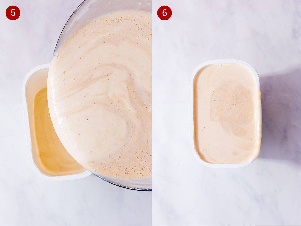 2 step by step photos, the first with a creamy blend being poured into a container and the second with the container full.