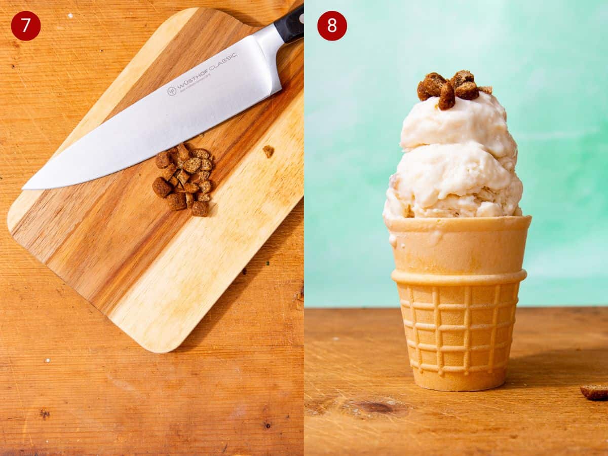 2 step by step photos, the first with some dog treats cut up with a knife on a chipping board and the second with an icecream in a cone with some toppings.