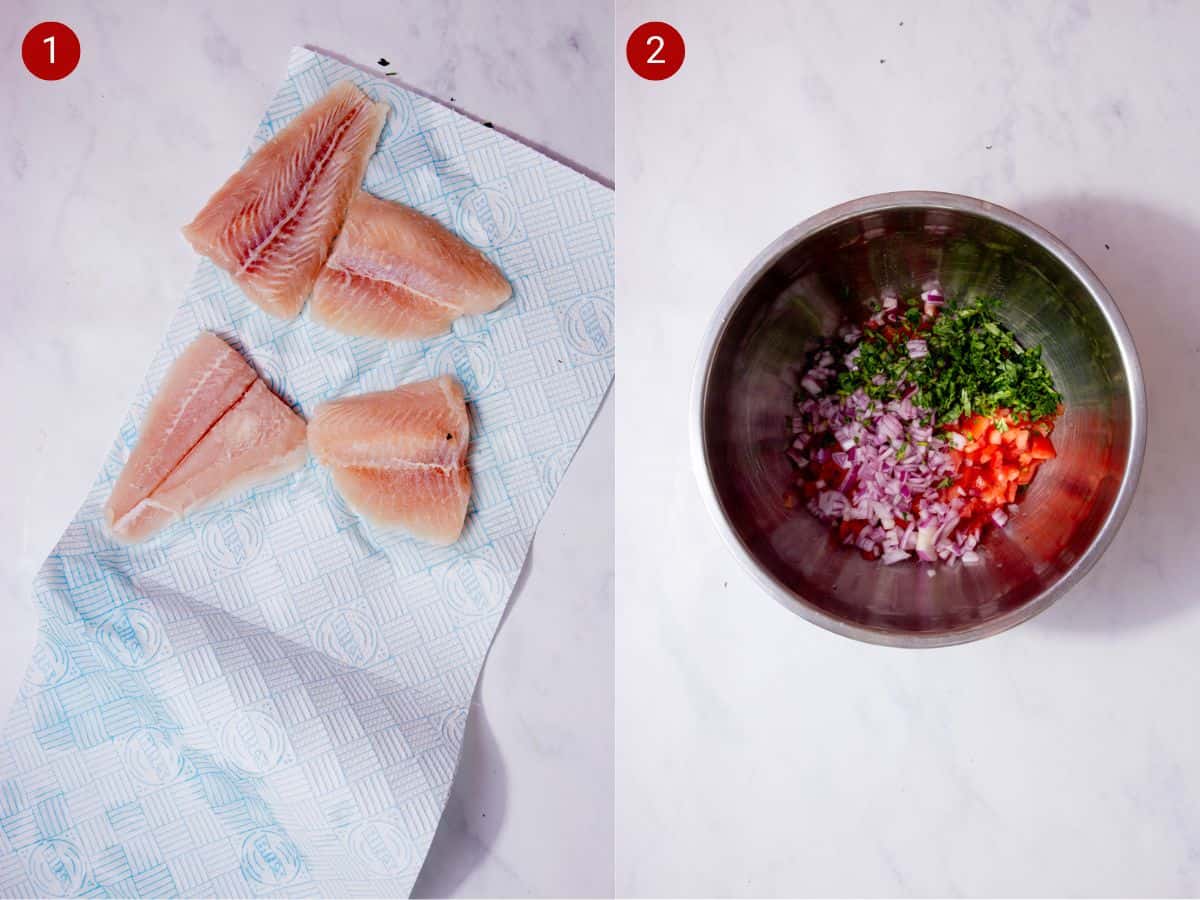 2 step by step photos, the first with pieces of fish on a paper towel and the second with chopped salad ingredients in a bowl.
