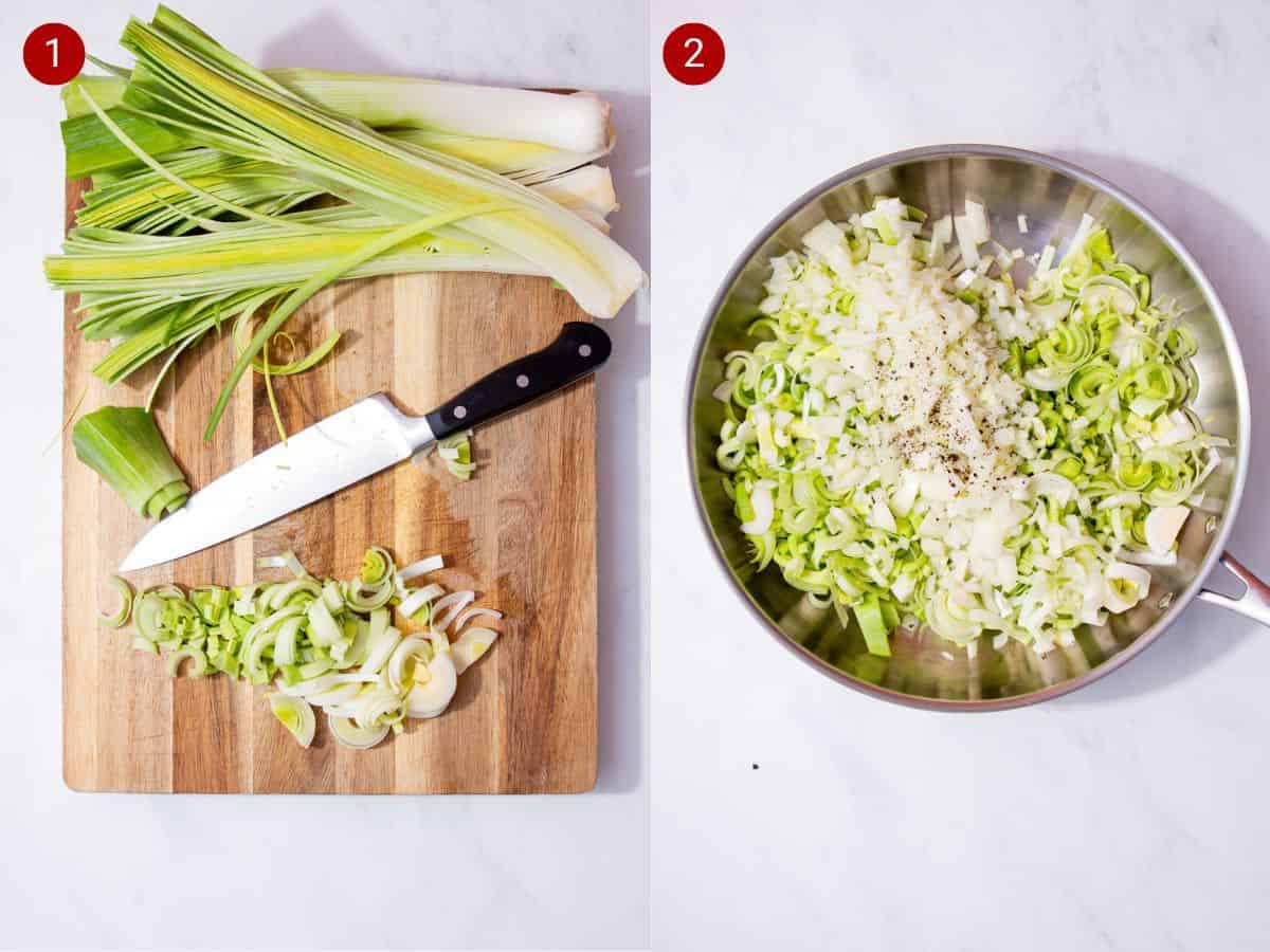 2 step by step photos, the first with sliced leeks on chopping a board and the second with sliced leeks and chopped onion in a frying pan.