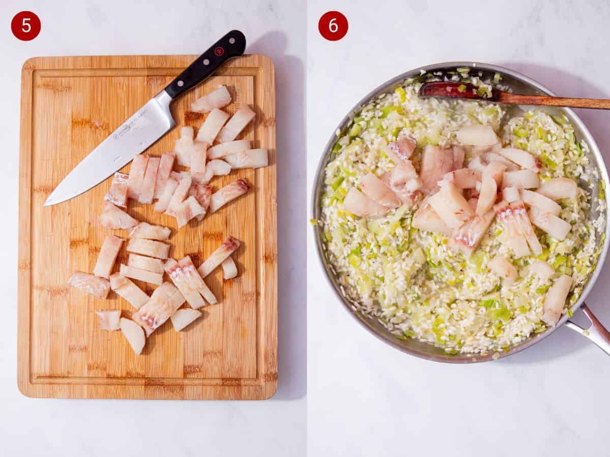 2 step by step photos, the first with sliced fish on chopping a board and the second with sliced fish added to the risotto in the pan.