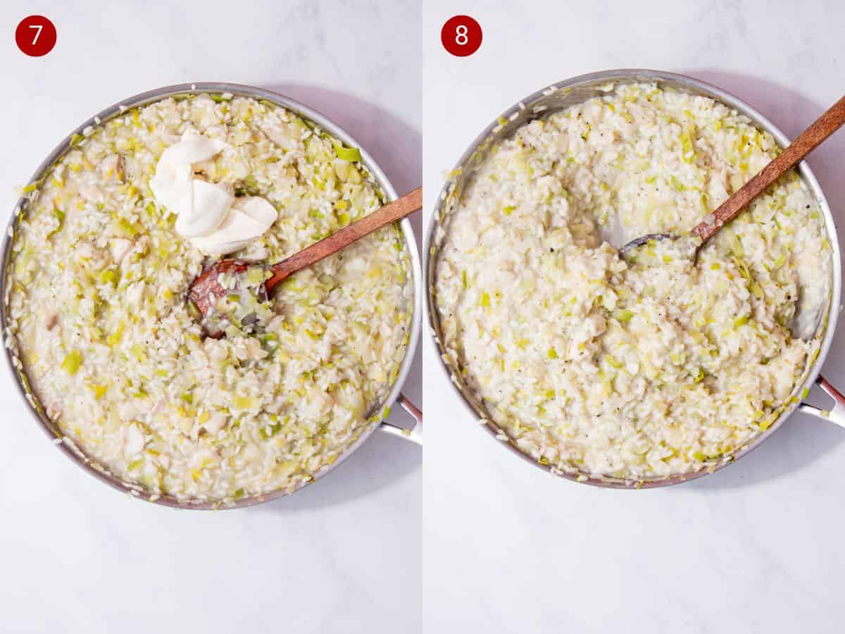 2 step by step photos, the first with a dollop of cream added to the risotto in a pan and the second the risotto mixed together in the pan.