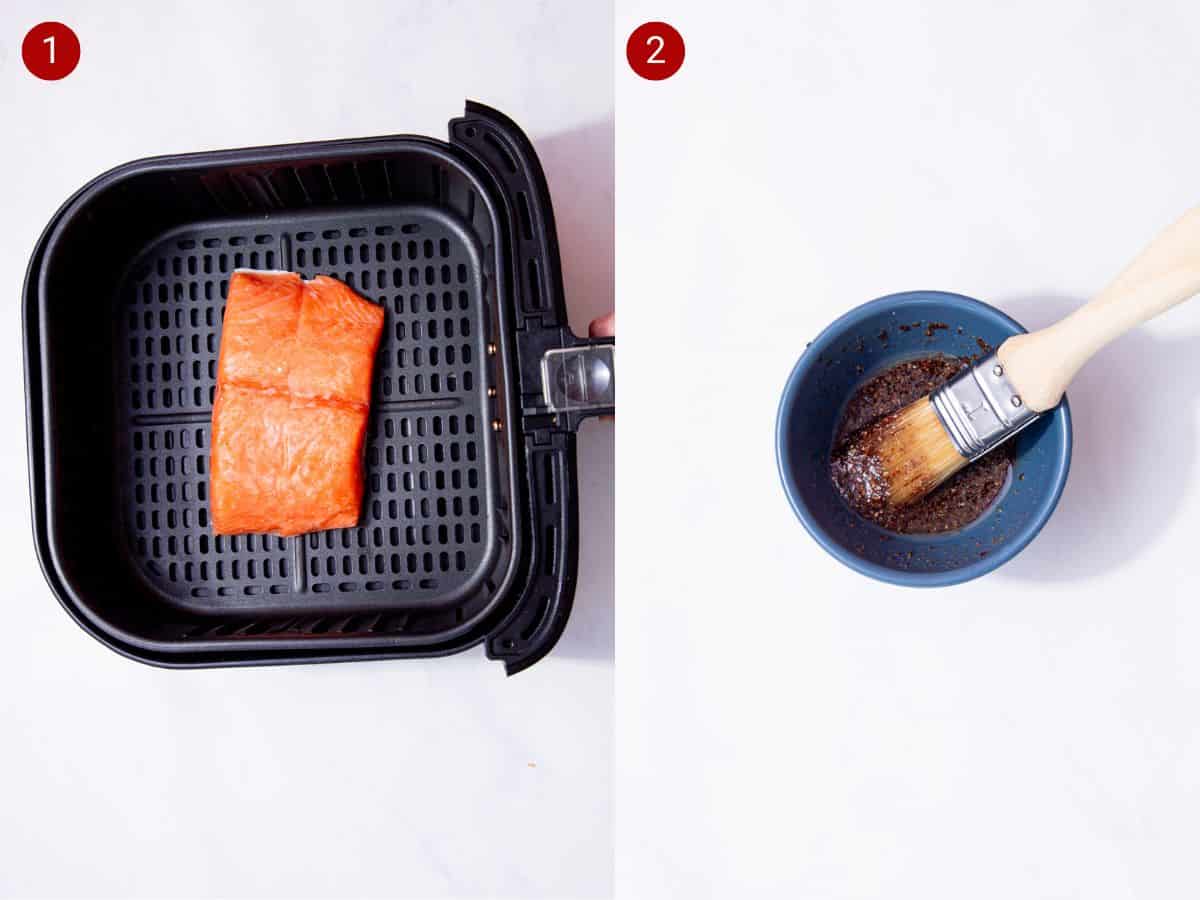 2 step by step photos, the first with 2 frozen salmon fillets in the air fryer tray and the second with a seasoning mix with a brush in a small blue bowl.