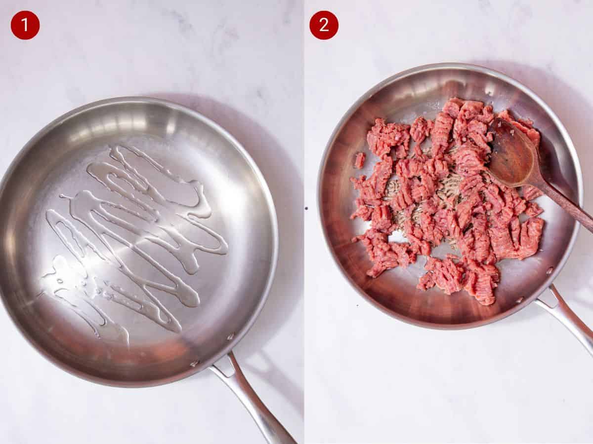 2 step by step photos, the first with a large stainless steel pan with some oil and the second with raw mince meat being fried and stirred with a wooden spoon in the pan.