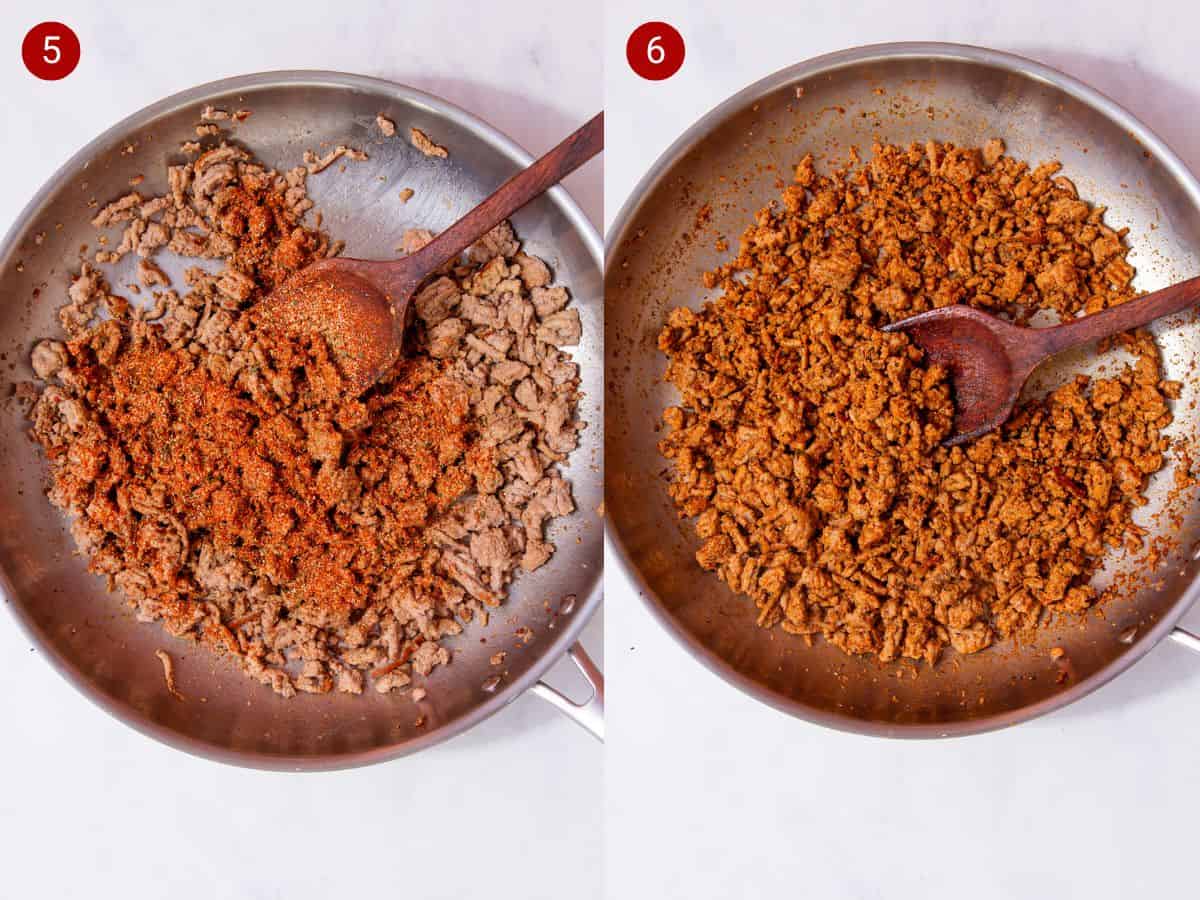 2 step by step photos, the first with fried mince with brown seasoning added in a pan with a spoon holding and the second with this mixed together.