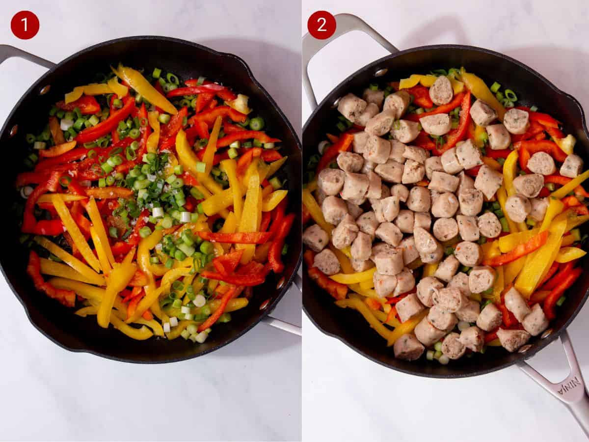 2 step by step photos, the first with sliced peppers and spring onions in a pan and the second with sausage pieces and the peppers in the pan.