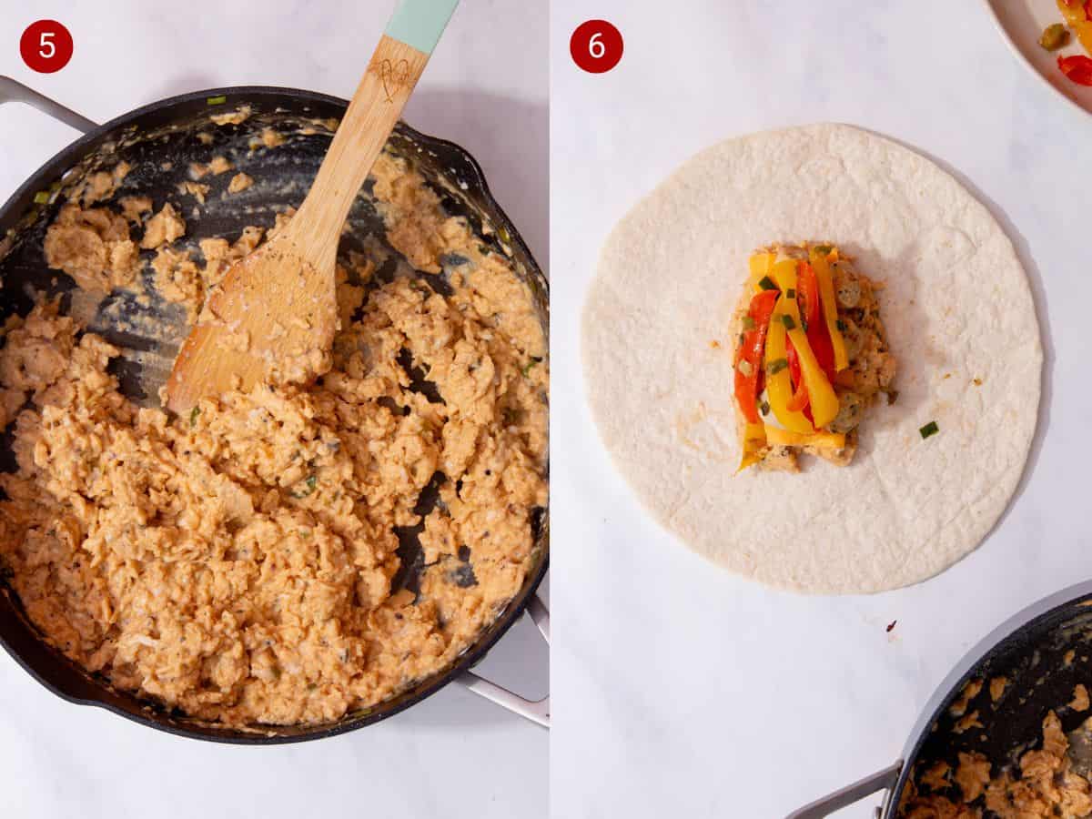 2 step by step photos, the first with scrambled eggs in a pan with a wooden spoon and the second with a large wrap with some egg and pepper mix added.