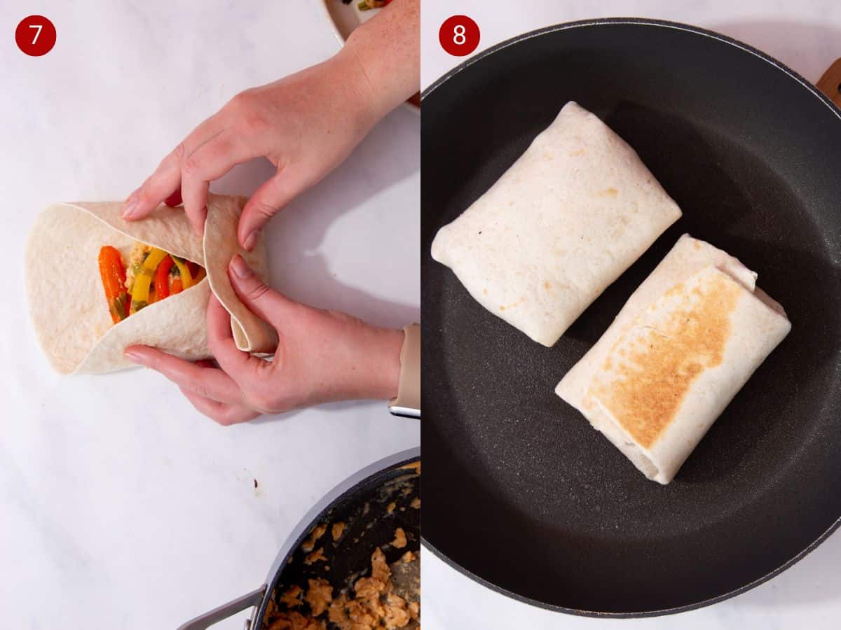 2 step by step photos, the first with scrambled eggs, pepeprs added to a wrap being folded with 2 hands and the second with a the 2 burrito wraps in the frying pan.