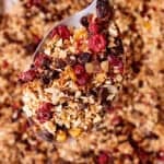 Granola mix with browned oats, dried fruit and dried deep pink cranberries with a metal spoon.