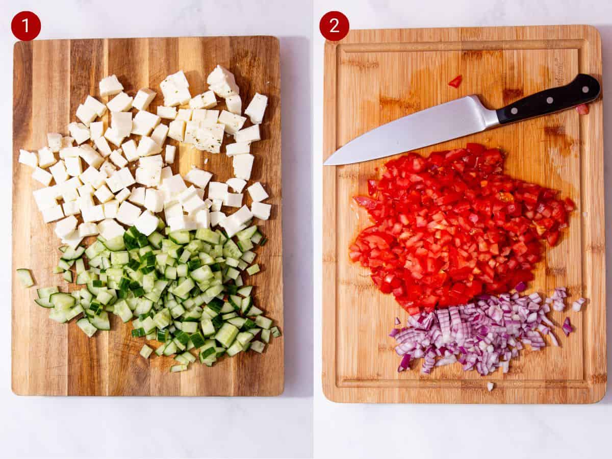 2 step by step photos, the first with halloumi and cucumber on chopping a board and the second with sliced red onion and tomatoes on the board.
