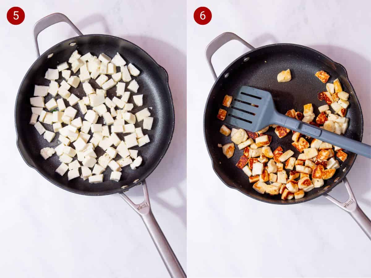 2 step by step photos, the first with halloumi cubes frying in a pan and the second with pieces of halloumi now golden browned.
