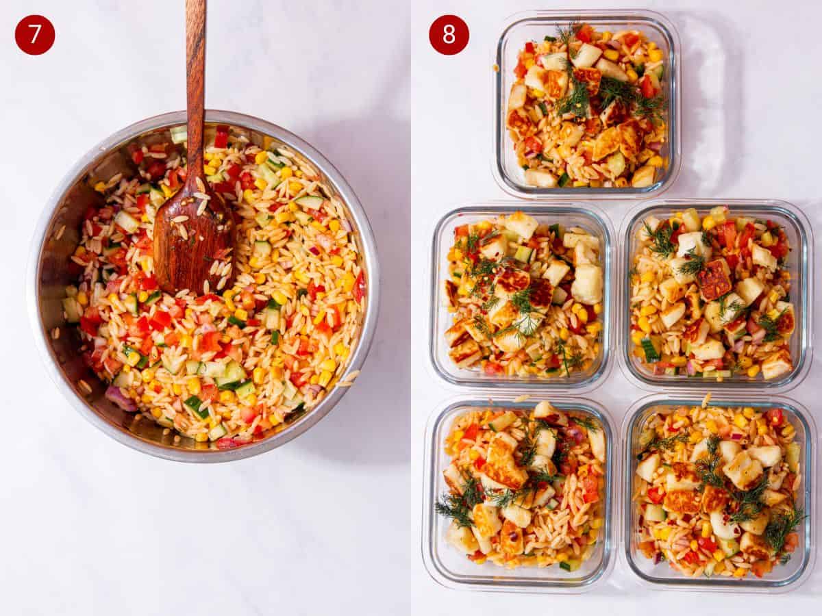 2 step by step photos, the first with a metal bowl full of orzo salad with a wooden spoon and the second with 5 glass square meal prep containers filled with the orzo salad.