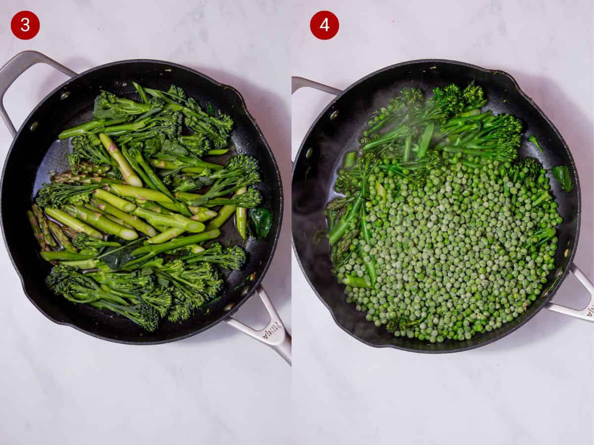 2 step by step photos, the first with asparagus and broccoli in a pan and the second with frozen peas added to the pan.