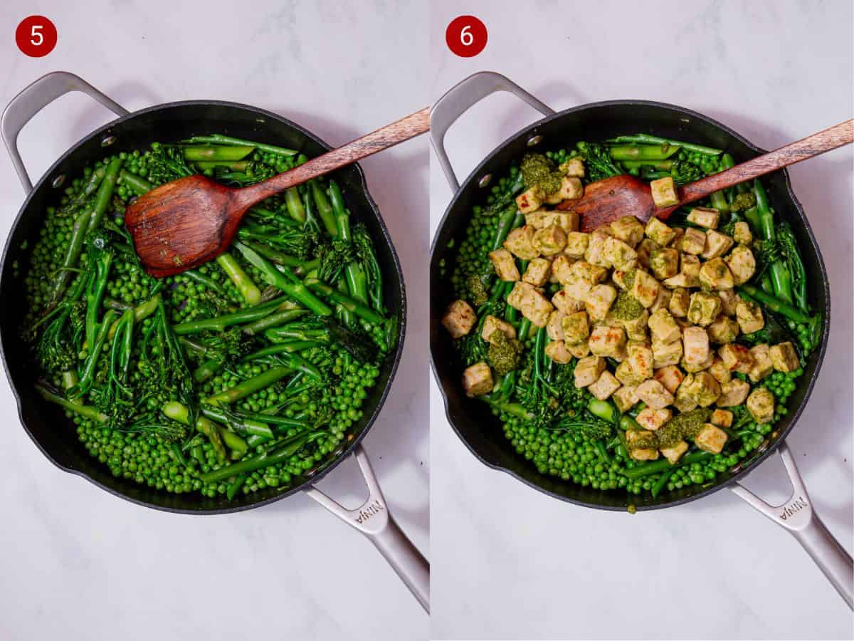 2 step by step photos, the first with asparagus, peas and broccoli in a pan and the second with the quorn pieces added.