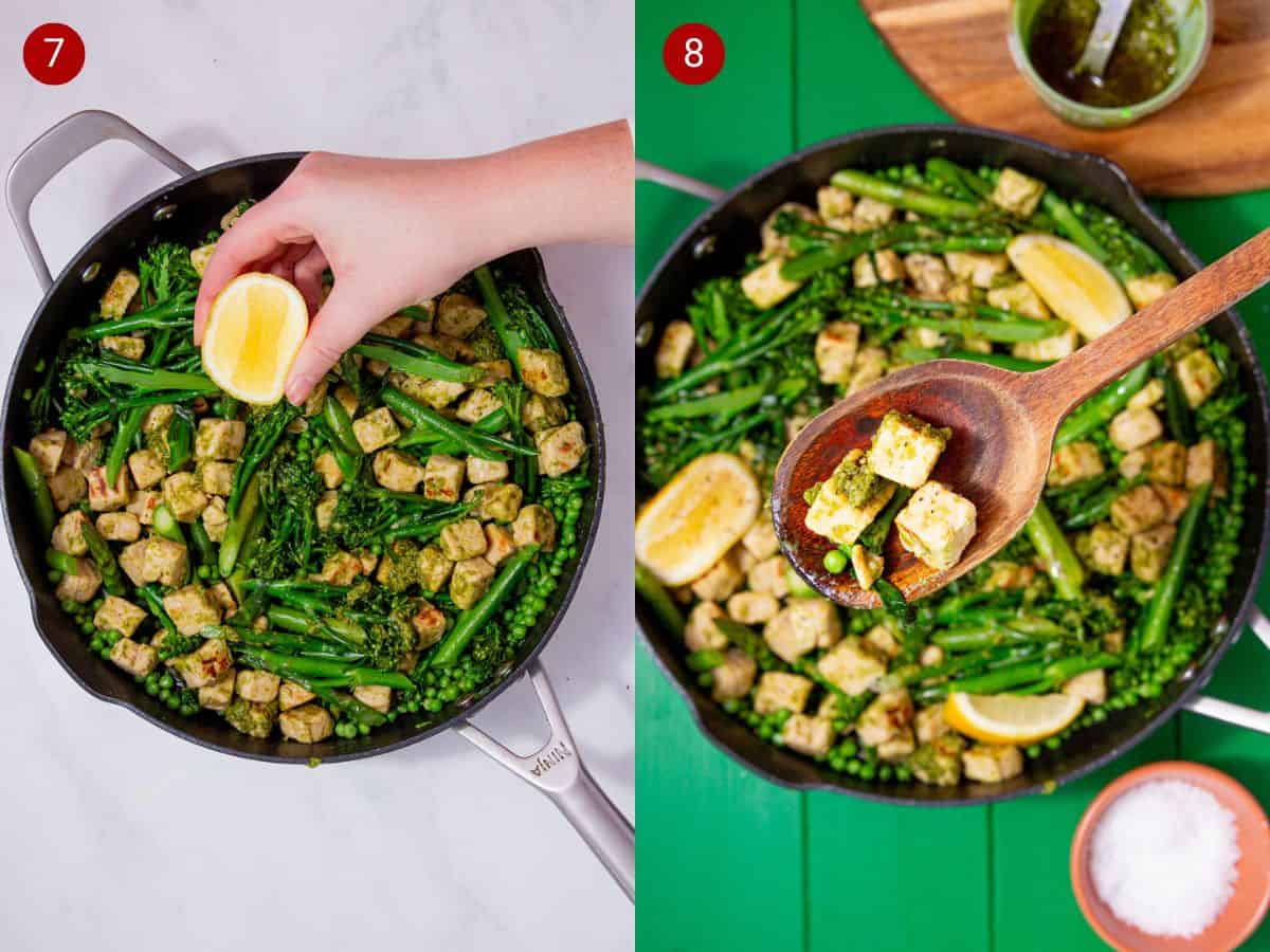 2 step by step photos, the first with asparagus, peas, quorn and broccoli in a pan with a lemon wedge being squeezed over  and the second with a wooden spoon with some of the vegetable.