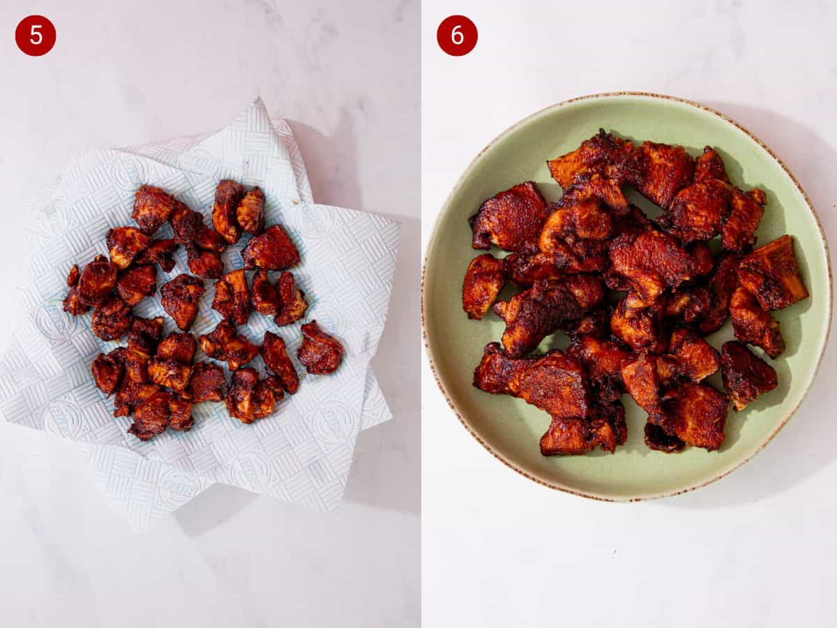 2 step by step photos, the first with browned chicken pieces on a kitchen towel and the second with pieces of  browned chicken in in a bowl.