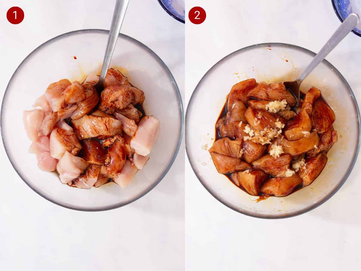 2 step by step photos, the first withchicken pieces in a glass bowl with soy sauce and a spoon and the second with minced garlic added to the bowl.