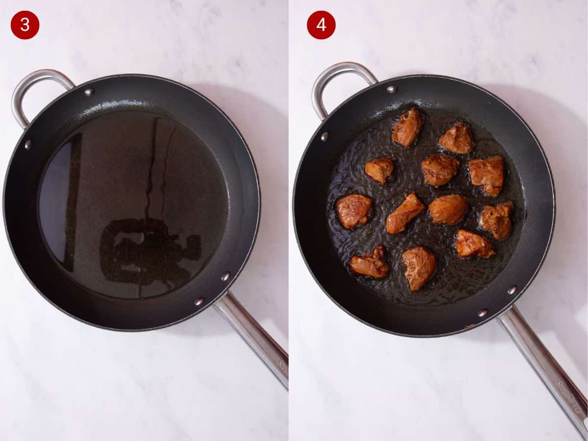 2 step by step photos, the first with oil in a pan and the second with pieces of of browned chicken in a pan.