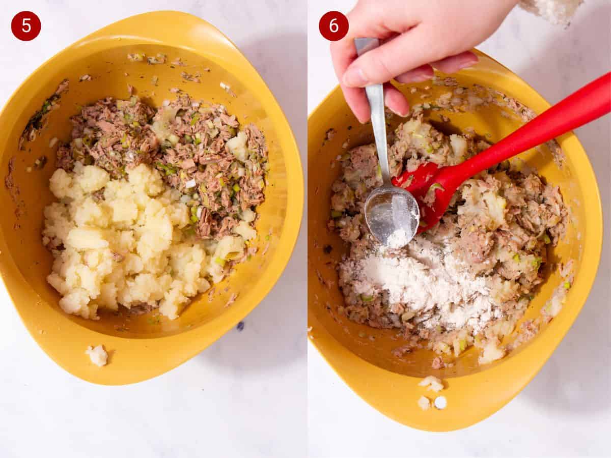 2 step by step photos, the first with mashed ptoatoes and tuna mix in a bowl and the second with the potato and tuna mixed then flour added.