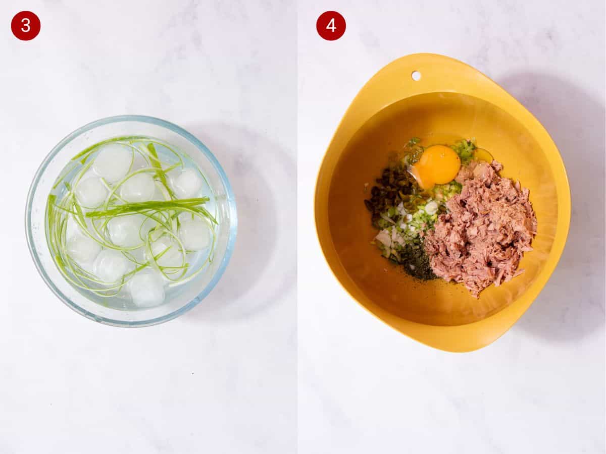2 step by step photos, the first with spring onion slices in iced water in a bowl and the second with a bowl of tuna, egg, and other ingredients.
