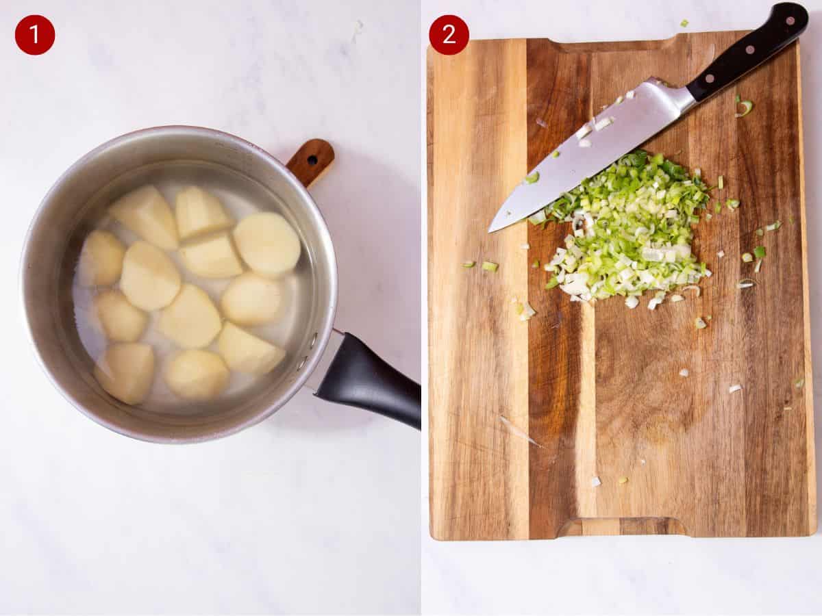 2 step by step photos, the first with peeled potatoes in water in a saucepan and the second with chopped spring onion on a chopping board with a knife.