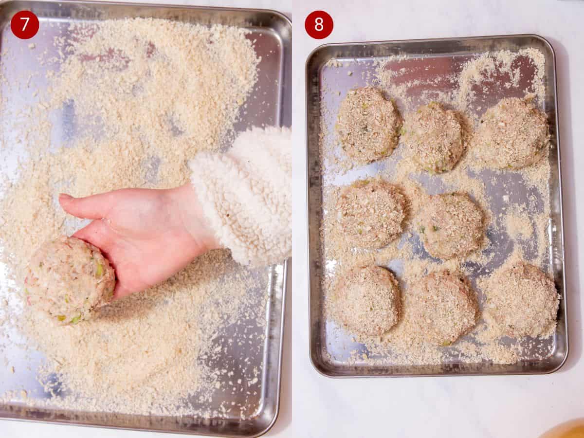2 step by step photos, the first with a baking tray with breadcrumbs and a hand holding a fishcake and the second the fishcakes made up on the baking tray.