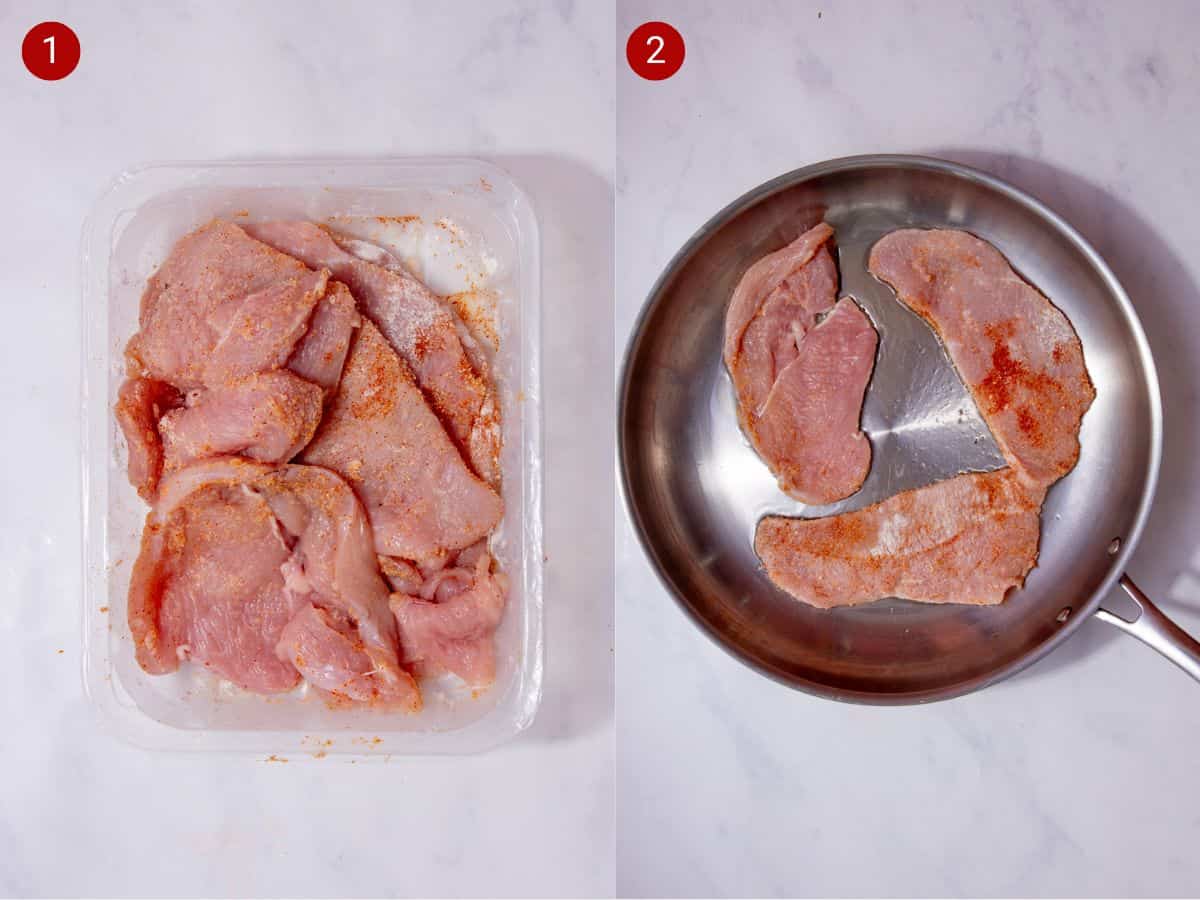 2 step by step photos, the first with turkey steaks in a plastic container with flour added and the second with the turkey steak pieces added to a stainless steel pan.