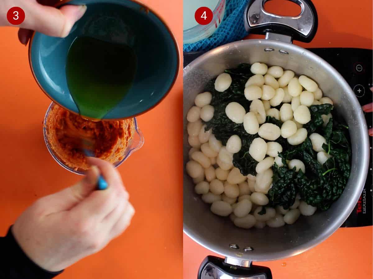 2 step by step photos, the first withoil being poured into a sauce and the second with gnocchi and cavolo nero in a saucepan.