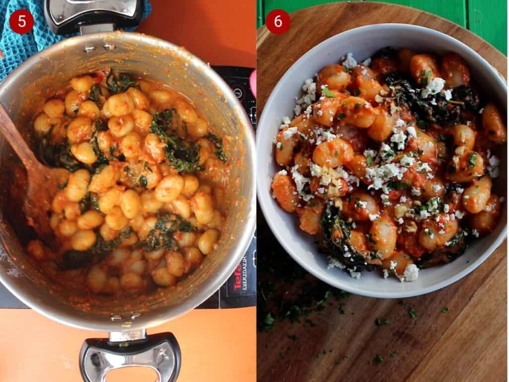 2 step by step photos, the first with gnocchi mixed with a tomatoey sauce and greens  and the second withthe gnocchi served in a bowl.