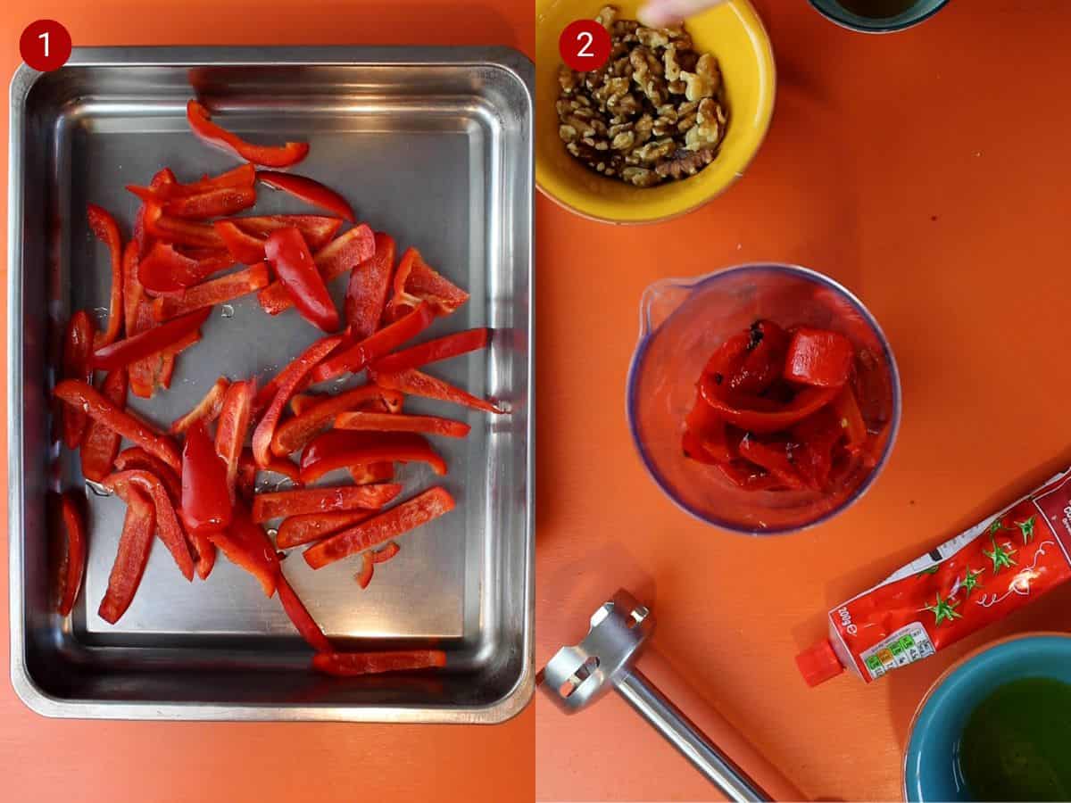 2 step by step photos, the first withsliced red peppers in a baking tray and the second with ingredients laid out with a mixer.