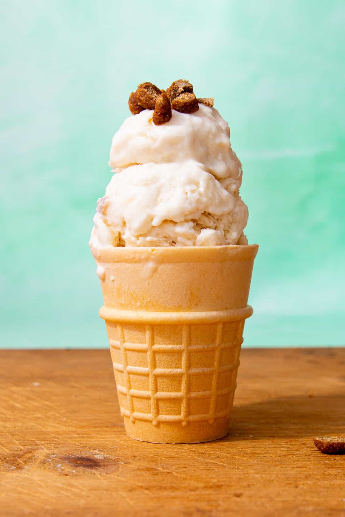 An icecream in an icecream cone with dog treats on top with a plale blue background.