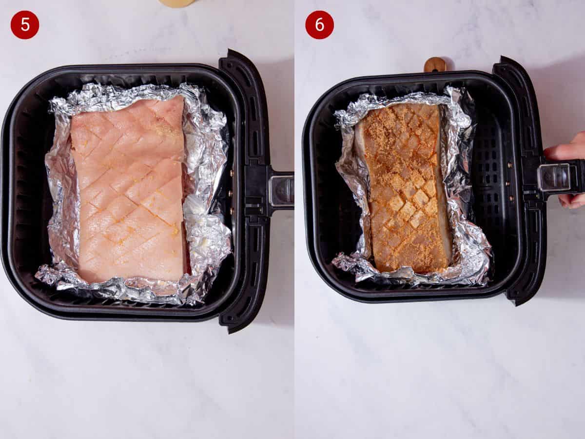 2 step by step photos, the first with a pork belly with the fat scored diagonnally on foil in an air fryer tray and the second the pork now partially cooked.